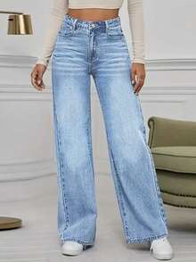 Women's Mid Waist Non Elastic Casual Loose Straight Leg Denim Pants Suitable For Daily Commuting And Home Wear - màu xanh lam trung bình - Xem 5