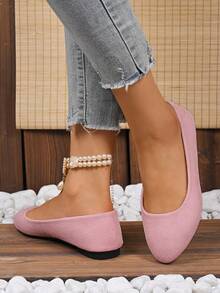 Women's Suede Flat Shoes, Solid Color Pointed Toe Low Heel Slip-On Boat Shoes, Candy Color Round Toe Cloth Shoes, Versatile Flat Shoes - Pink - View 6