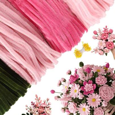 350 piezas en total: 200 piezas de limpiapipas de 4 colores surtidos a granel, tallos de chenilla para manualidades y decoración floral, y 150 piezas de estambres para flores, animales, ramos y proyectos de manualidades decorativas