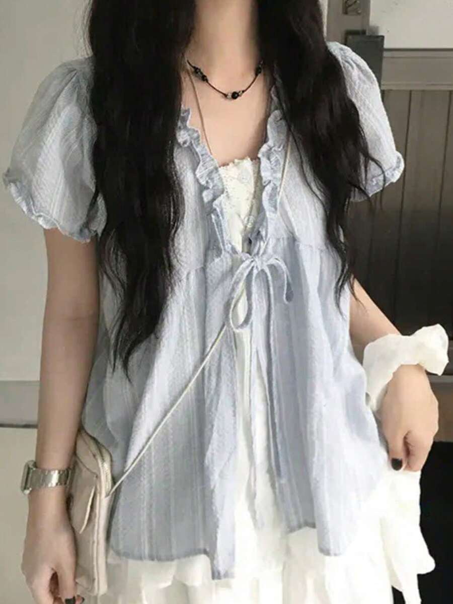 夏季荷葉邊花瓣袖條紋短袖女式襯衫 - 淺藍色 - 查看 1