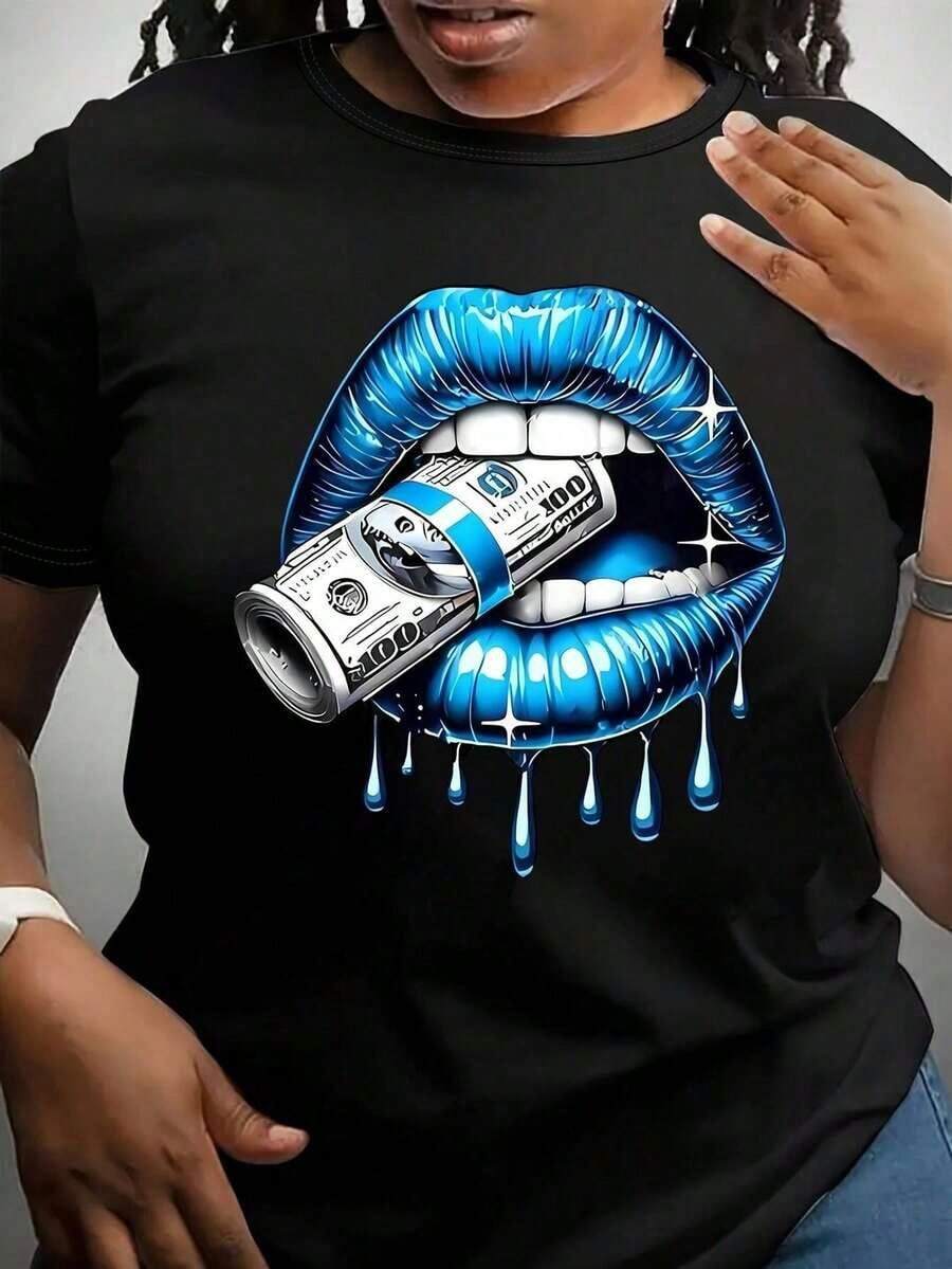 Talla Grande - Camiseta con Gráfico de Labios Azules Intensos | Camiseta negra llamativa con diseño brillante que muestra una sustancia azul goteando y un billete de cien dólares, perfecta para uso casual y como declaración de moda única, primavera/verano, cuello redondo, manga regular. - Negro - Ver 1