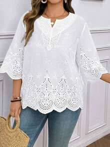 Blusa de verano de talla grande, de unicolor, hueca, bordada, casual, para vacaciones, temporada de bodas, nuevo diseño de playa para mujer - Blanco 4 - Ver 4