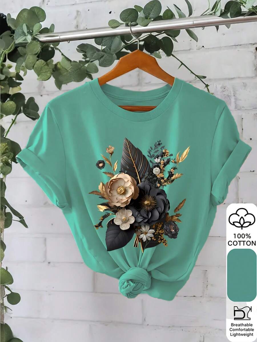 Women's Custom Printed Short Sleeve T-Shirt - Green And Gold Design, Round Neck, Casual Style, Breathable For Spring And Summer, Machine Washable, Regular Fit, Soft Texture - Unisex Loose Fit Cotton Short Sleeve Round Neck T-Shirt, Urban Vintage Style. - 綠色 - 查看 1