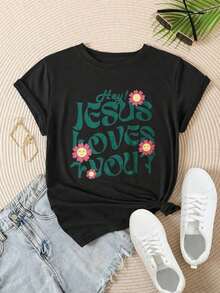 Women's Vintage Style Short Sleeve Casual T-Shirt - Floral Design "Hey Jesus Loves You", Round Neck, Summer Top, Machine Washable, Ladies' T-Shirts, Casual Wear, Modern Style, Comfortable Fit

BlackFashion - 黑色 - 查看 2