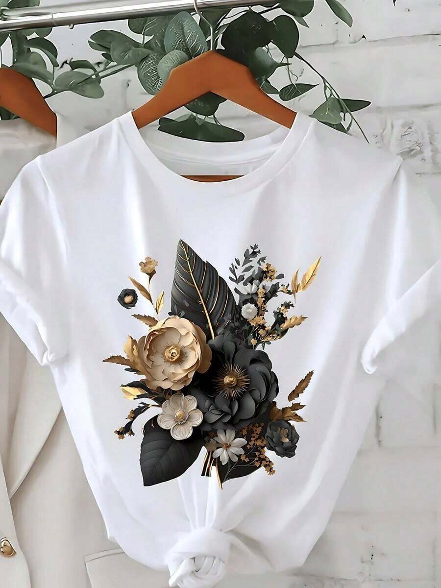 Women's 100% Cotton Black T-Shirt With Artistic Gold And Beige Floral Print, Elegant Casual Style, Short Sleeves And Comfortable Design For Everyday Wear - 白色 - 查看 1