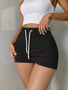 Minifalda de mujer con cintura baja y cordón, para verano - Negro 2 - Ver 3