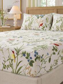 Juego de ropa de cama de 3 piezas con estampado de flores y ramas de pájaros - Incluye 1 sábana y 2 fundas de almohada, tela de poliéster suave y cómoda, patrón vintage retro, transpirable y lavable, ropa de cama floral de estilo vintage, decoración del hogar retro - Multicolor - Ver 8