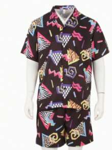 2er Set (Top + Shorts) Retro 80er/90er Jahre Disco Outfit, Hawaii-Stil Shorts Set für Herren (Unterhemd nicht enthalten) - Schwarz - Übersicht 9
