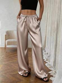 1pc Solid Color Drawstring Pocket Satin Pants, Comfortable For Home Wear, All Season Spring - Khaki - View 3