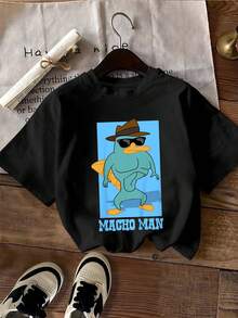 Cartoon Duck Wearing Sunglasses And A Hat, Exuding Confidence And Humor With The Phrase "Macho Man," Highlighting A Fun Spirit And Ideal For Women With Attitude. A Comfortable And Modern Casual Women's T-Shirt For Everyday Wear. - 黑色 - 查看 2