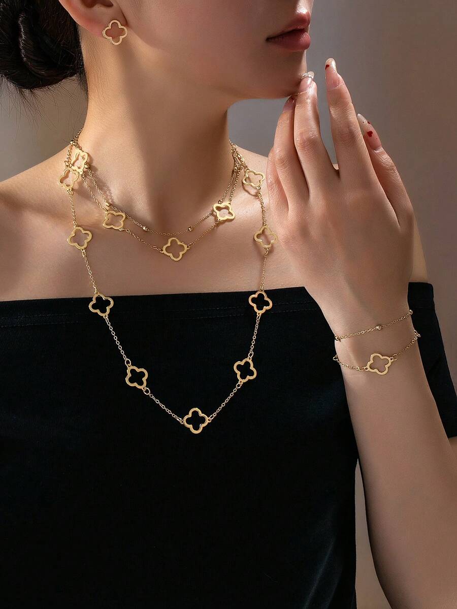 Bộ trang sức 5 món phong cách tối giản cổ điển hình cỏ bốn lá rỗng, gồm vòng tay, dây chuyền và bông tai, thích hợp đeo hàng ngày, số lượng hạt ngẫu nhiên. - Vàng - Xem 1