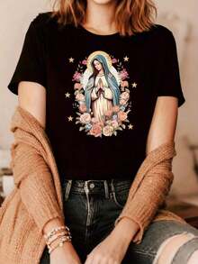 ropa de mujer Camiseta de la Santa Madre María para mujer - Blusa casual de manga corta con cuello redondo y estampado realista, ropa religiosa lavable a máquina para iglesia, uso diario y eventos camisas de mujer - Negro - Ver 1
