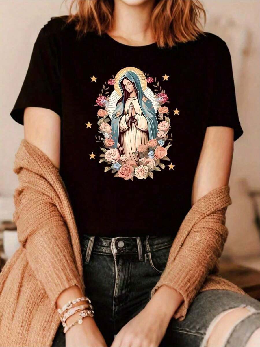 ropa de mujer Camiseta de la Santa Madre María para mujer - Blusa casual de manga corta con cuello redondo y estampado realista, ropa religiosa lavable a máquina para iglesia, uso diario y eventos camisas de mujer - Negro - Ver 1