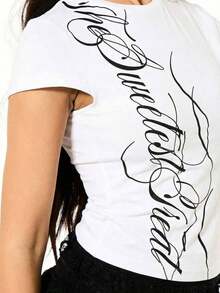 WOMEN Camiseta corta de contraste para bebé con estampado, top corto de manga corta con letras gráficas para el Día de San Valentín - Blanco - Ver 2