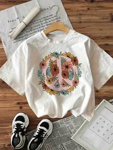 Camiseta de manga corta con cuello redondo, estampado floral, corte holgado, de tela suave, para mujer, estilo casual urbano. - Blanco - Ver 7