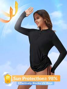 baleaf Rash Guard For Women Long Sleeve Swim Shirt UPF 50+ Swimsuits Top For Women With Kangaroo Pocket - 黑色 - 查看 3