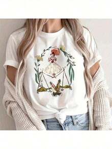 Una camiseta de manga corta para mujer, holgada, informal y de uso diario, adecuada para actividades al aire libre en primavera y verano, Camiseta de Halloween de la Casa Embrujada de Magic Kingdom - con diseño de un equilibrista sobre una cuerda, camiseta casual blanca de manga corta y cuello redondo, ideal para combinar en familia, lavable a máquina. blusas para mujer,blusas casuales para dama,tops,, mujer premium,y2k,playeras de mujer curvy,ofertas y liquidaciones ropa mujer,playeras deportivas para mujer,,playeras de hombre, mujer,blusas>elegante K2NJ Blusas Bonito 100% Cotton - Blanco - Ver 1
