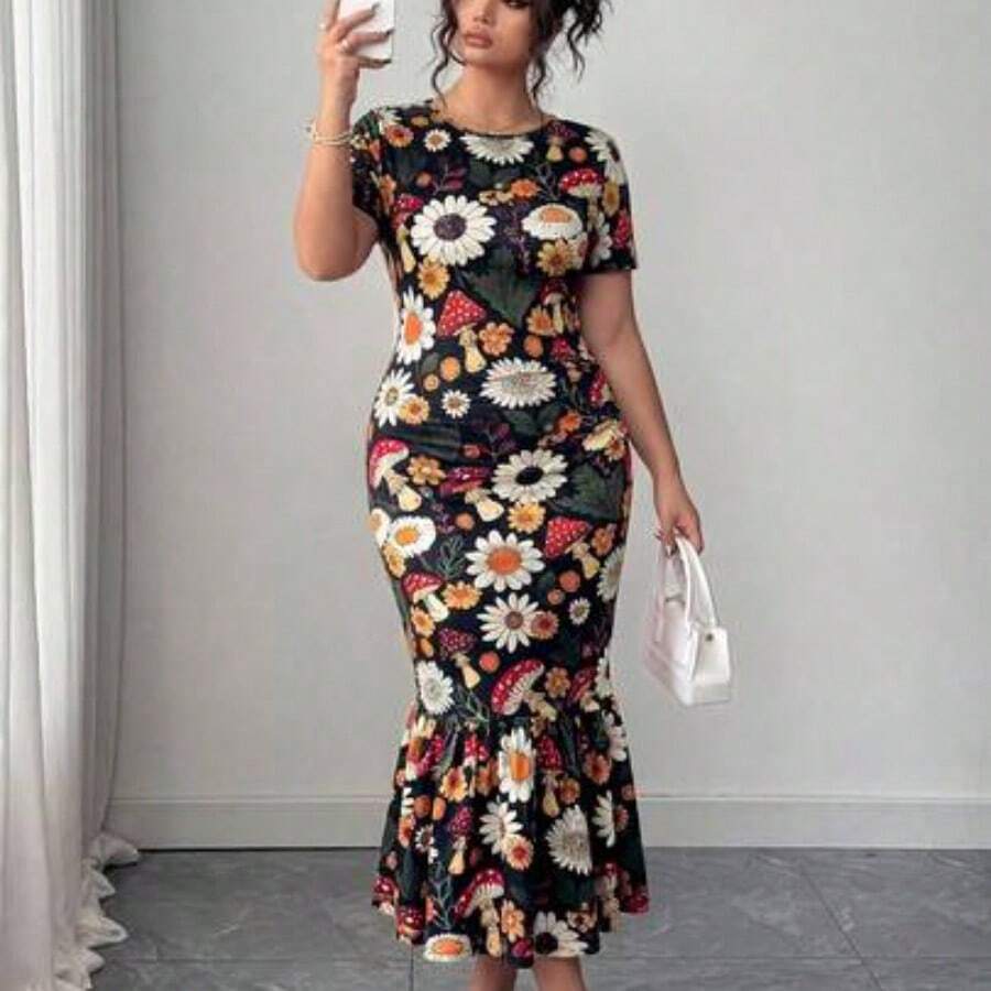 Elenzya Plus Size Women Floral Print Stretch Knit Bodycon Dress, Round Neck Short Sleeve Fitted Dress, Available In June - Multicolor - Ver 1