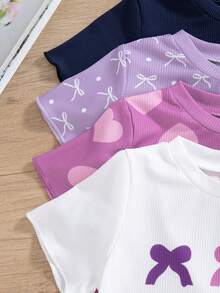 4件套女童休闲户外时尚爱心蝴蝶结印花短袖上衣，夏季 - 紫色 - 查看 4