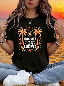 Camiseta de Bachata para Mujer con Tema Naranja |   Decoración con Eslogan de Palma y Maraca, Manga Corta Casual, Top de Fiesta Musical con Vibración Tropical Llena de Vida en Naranja y Amarillo, Temporada Primavera/Verano - Negro - Ver 6