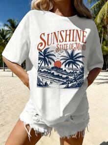 Women's Oversized T-Shirt "Sunshine State Of Mind" Palm Trees Beach, Round Neck, Casual Short Sleeve - 白色 - 查看 1