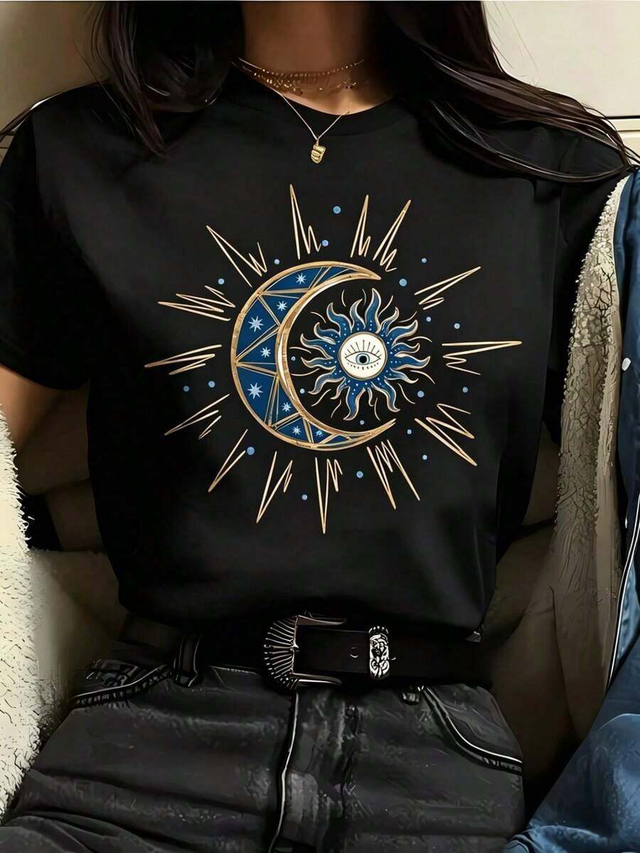 Camiseta de mujerCamiseta femenina con misterioso diseño de sol y luna, estilo bohemio, suave algodón puro, manga corta, estilo casual.Cómoda y ligera - Negro - Ver 1