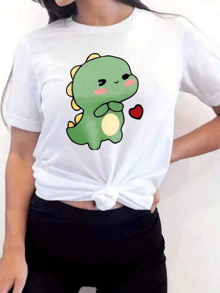 Women's T-Shirt, Women's Short Sleeve T-Shirt With Kawaii Dinosaur Print, Cute And Fun Design For Teens And Women Animal Lovers, Casual Style Summer 2023, Comfortable And Lightweight - 白色的 - 查看 1