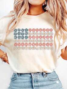 Camiseta con Bandera Americana Floral, Camiseta del 4 de Julio, Camiseta con Bandera y Flores, Camiseta con Gráficos Patrióticos, Camiseta del Día de la Independencia, Camiseta de Algodón 100% de Manga Corta, Estilo Clásico, de Algodón Grueso, Camiseta con Gráficos Estampados, Top Casual de Manga Corta para Mujer - Blanco - Ver 1