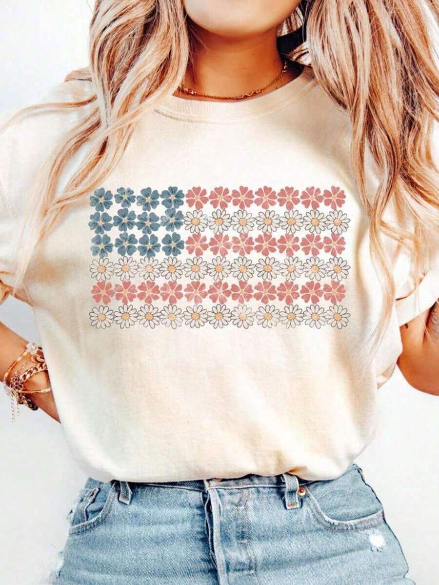 Camiseta con Bandera Americana Floral, Camiseta del 4 de Julio, Camiseta con Bandera y Flores, Camiseta con Gráficos Patrióticos, Camiseta del Día de la Independencia, Camiseta de Algodón 100% de Manga Corta, Estilo Clásico, de Algodón Grueso, Camiseta con Gráficos Estampados, Top Casual de Manga Corta para Mujer - Blanco - Ver 1