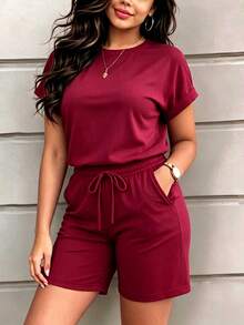 Frühlings-/Sommer-Damen-Set aus einfarbigem Kurzarm-Retro-Rundhals-T-Shirt und Shorts mit elastischem Bund und Kordelzug, minimalistisch sportlich-casual für Urlaub & Homewear, Pyjama-Stil, geeignet für Outdoor, Sport, Fitness, Laufen, Strand, Zuhause und andere Anlässe, Rot Elegant - Rot - Übersicht 2