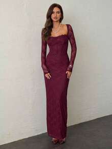 Vestido negro ajustado hasta el suelo con cuello corsé ahuecado y mangas largas con encaje en forma de S sexy para mujer para fiestas, citas y banquetes de otoño/invierno nuevo - Burdeos 3 - Ver 1
