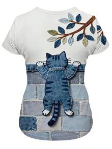 Camiseta manga corta cuello redondo 100% algodón, estampado trendy, tejido ligero y ventilado, estilo moda casual, apta para vida diaria, salidas informales y citas en primavera, verano y otoño - Azul marino - Ver 3