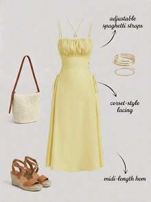 Vestido de tirantes unicolor pecho con fruncido con cordón lateral - Amarillo - Ver 2