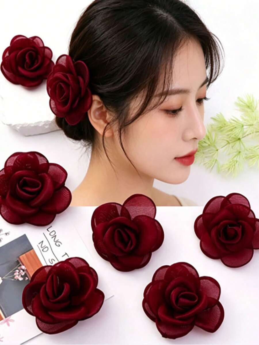 6个酒红色玫瑰发夹，优雅网状花朵发卡，复古花卉发饰，适合女士婚礼派对 - 酒紅色 - 查看 1