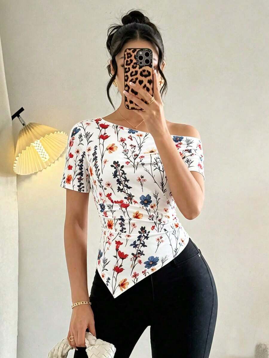 Camiseta de manga corta con pliegues y bajo asimétrico de unicolor casual para mujer, verano - Multicolor - Ver 1