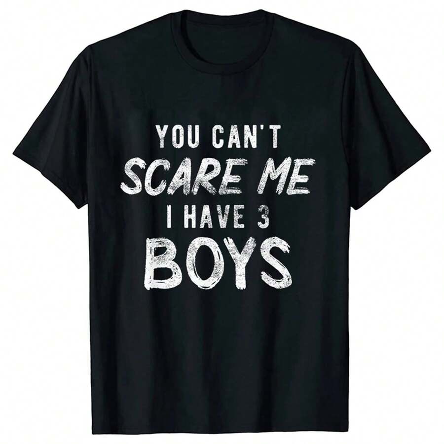 Women's Short-Sleeved T-Shirt With The Slogan "You Can't Scare Me, I Have 3 Children", Made Of Black Knit Fabric, Casual Style And Regular Length. - 黑色 - 查看 1