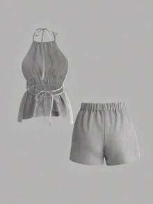 conjunto de 2 piezas de mujer con top halter con lazos y pantalones cortos a rayas con espalda descubierta, adecuado para vacaciones de verano y viajes - Negro - Ver 2