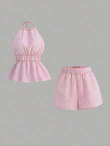 conjunto de 2 piezas de mujer con top halter con lazos y pantalones cortos a rayas con espalda descubierta, adecuado para vacaciones de verano y viajes - Rosa - Ver 3