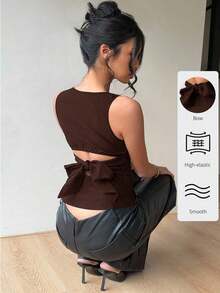 Blusa sin mangas con cuello redondo y lazo en la espalda, para uso casual y de oficina - Marrón 2 - Ver 8