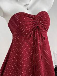 Top de tirantes con cintura ceñida y estampado de lunares, trajes de baño de primavera/verano para mujeres con parte superior de lunares con lazo, blusas de verano para mujeres con estampado de lunares, top sin tirantes con estampado de lunares - Burdeos - Ver 4