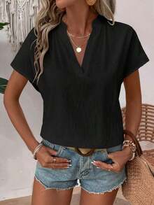 Blusa de mujer de unicolor con textura y cuello en V de manga corta versátil - Negro - Ver 6