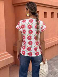 Camiseta con mangas de murciélago a rayas, informal, camisetas gráficas de verano para mujeres - Multicolor - Ver 2