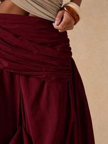 Pantalones sueltos y plisados de unicolor para uso diario de mujer - Burdeos - Ver 3