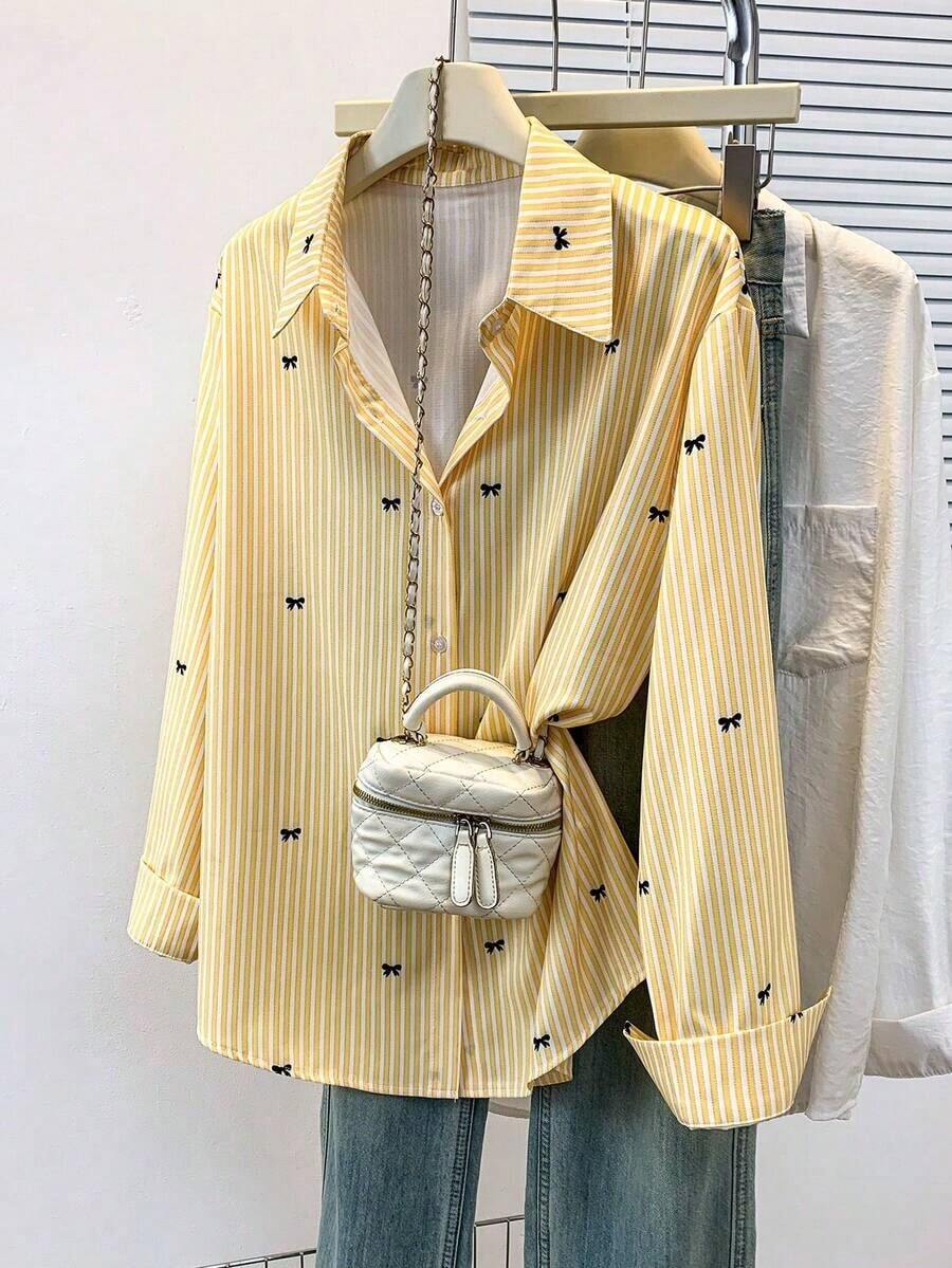 Camisa de manga larga con estampado a rayas y lazo, con botones delanteros, cuello de camisa, top casual, adecuado para primavera, otoño e invierno en color rosa - Amarillo - Ver 1