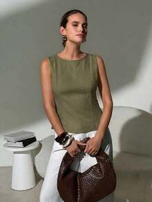 Camisa blanca sin mangas de algodón y lino, ajustada, con botones de nudo de bambú, estilo vintage para oficina - Verde militar - Ver 4