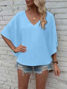 Camisa de manga de murciélago de unicolor casual, verano - Celeste - Ver 8