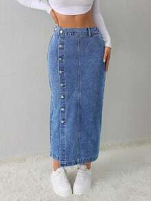 Tall Falda vaquera de mujer, casual, suelta, con abertura lateral, falda midi azul, falda larga para mujeres, falda azul claro, falda azul, ropa de invierno para mujer - Azul lavado medio - Ver 6