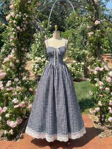 Vestido midi de estilo romántico y campestre con estampado de cuadros rojos y blancos - Azul marino - Ver 8
