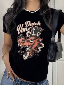 A Cartoonish Wolf Figure With A Hat And Cigar Conveys Rebellion, Confidence, And Urban Character With Vintage Details In Warm Tones. Modern Casual Women's T-Shirt - 黑色 - 查看 8
