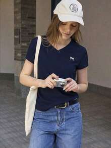 Camiseta de manga corta casual de verano para mujer con estampado de lazo - Azul marino - Ver 4